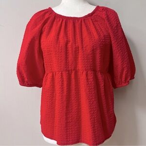 Old Navy Puff Sleeve Seersucker Babydoll Swing Blouse Womens‎ Medium Red